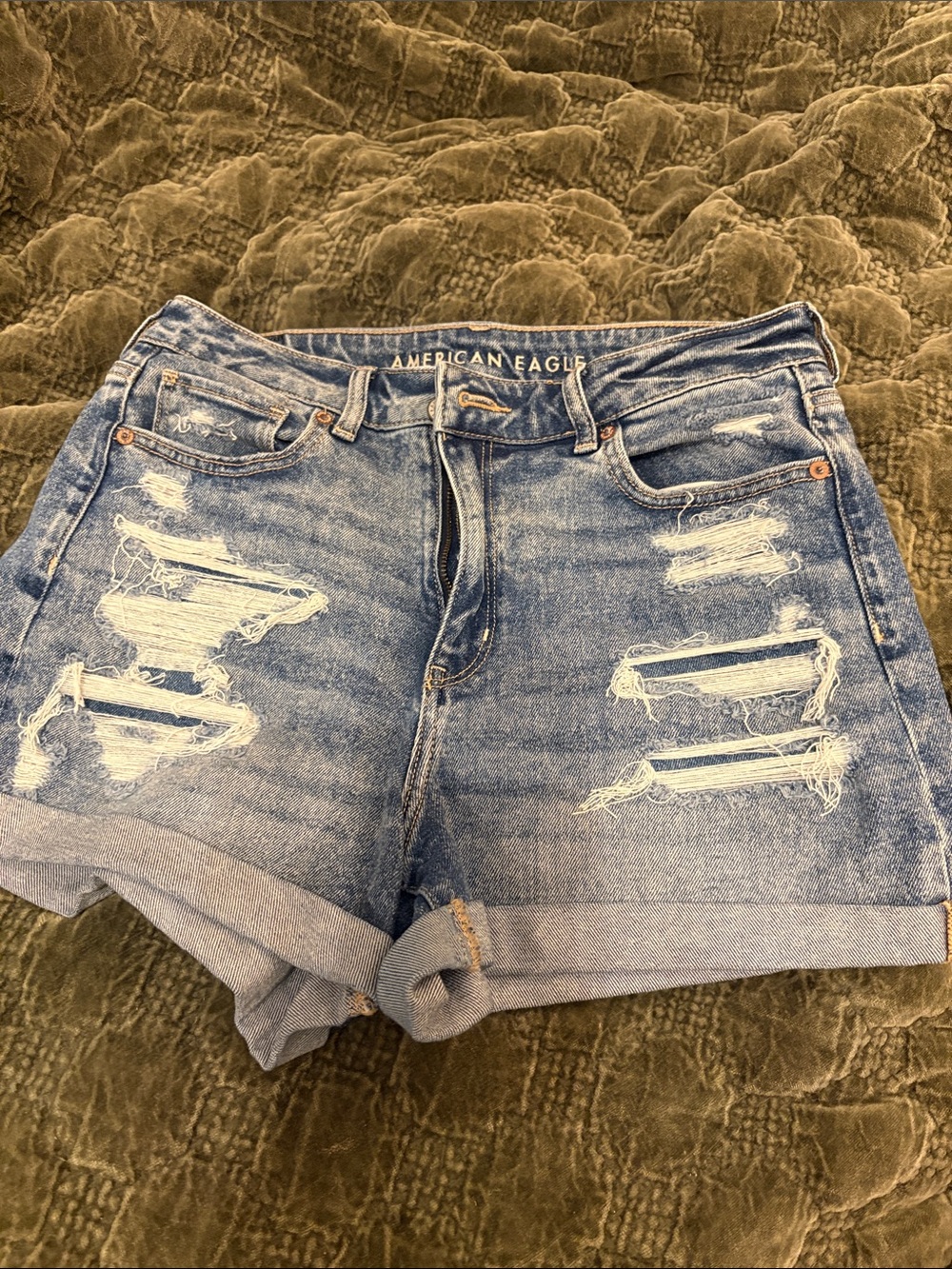 American Eagle Outfitters Ripped Rolled-Hem Denim Shorts - Light Blue Wash